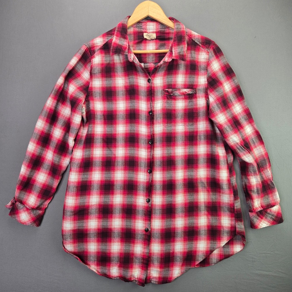 Boston Traders Plaid Button Up Shirt L Red Black Flannel Long Sleeve Pocket